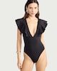 image 1 of F&F Ruffle Sleeved Plunge Swimsuit in Black