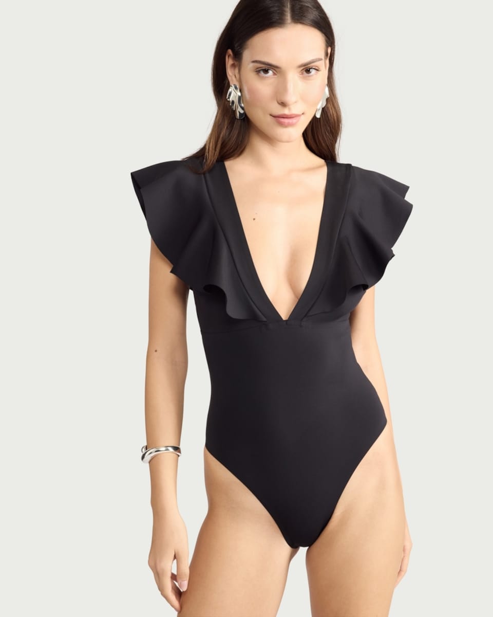 image 1 of F&F Ruffle Sleeved Plunge Swimsuit in Black
