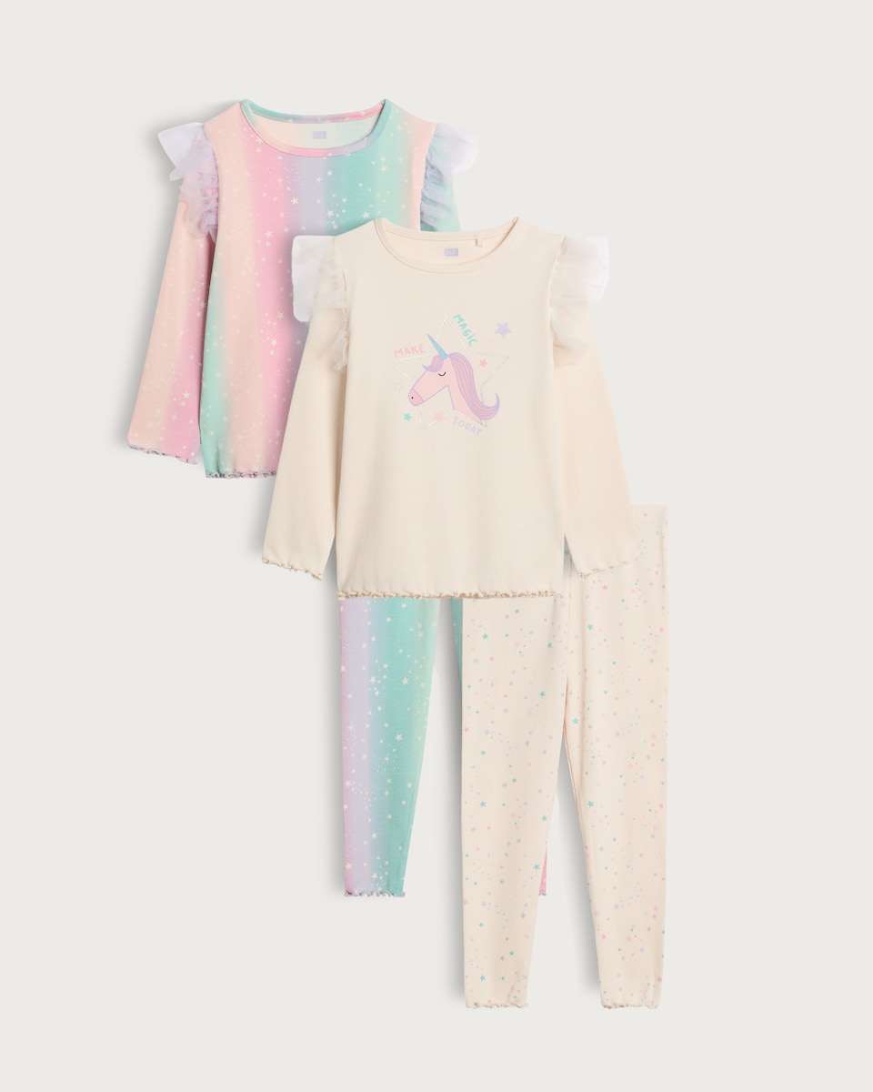 F&F Girls 2-Pack Cotton Rich Unicorn Pyjama Set in Cream Multi