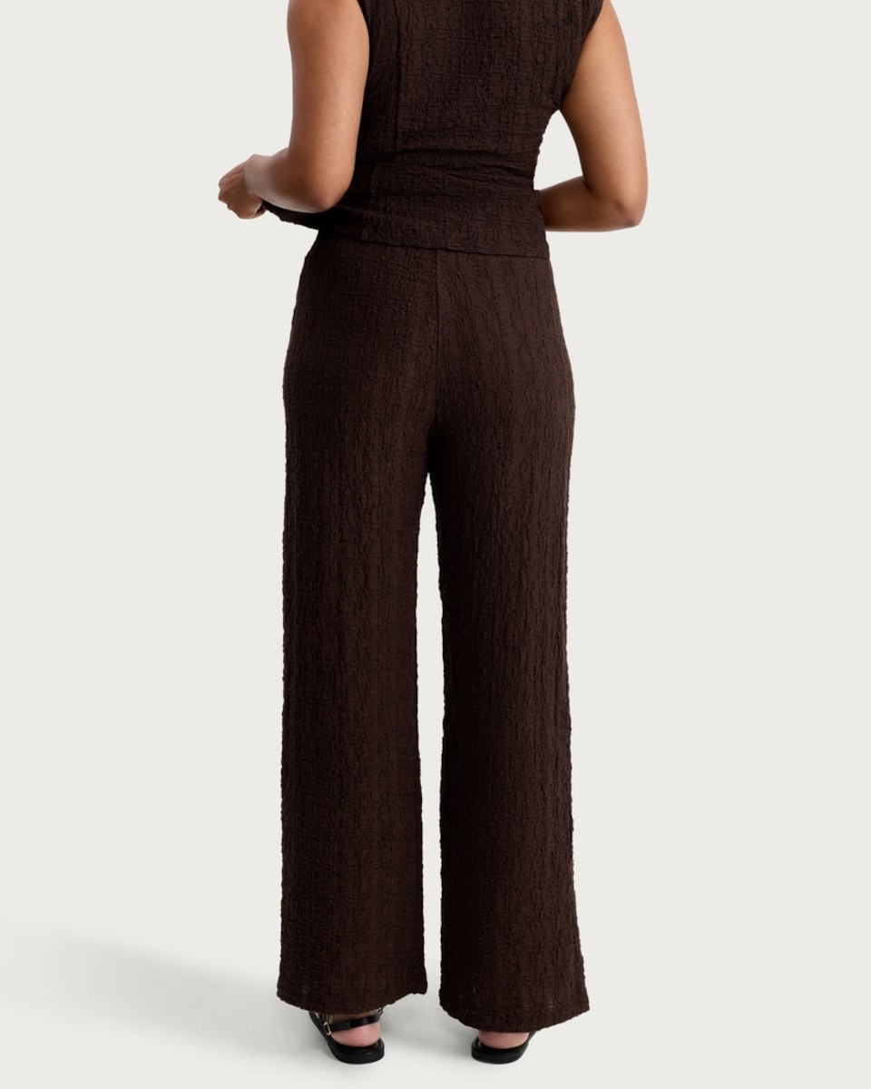 image 1 of F&F Cotton Rich Crinkle Textured Wide Leg Trousers in Chocolate