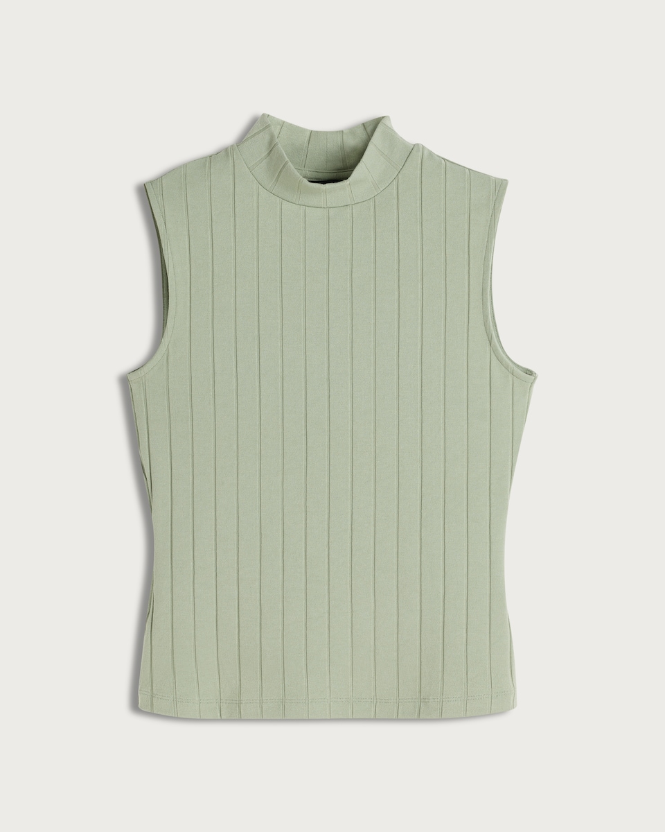 image 1 of F&F Ribbed Turtle Neck Sleeveless Top in Khaki
