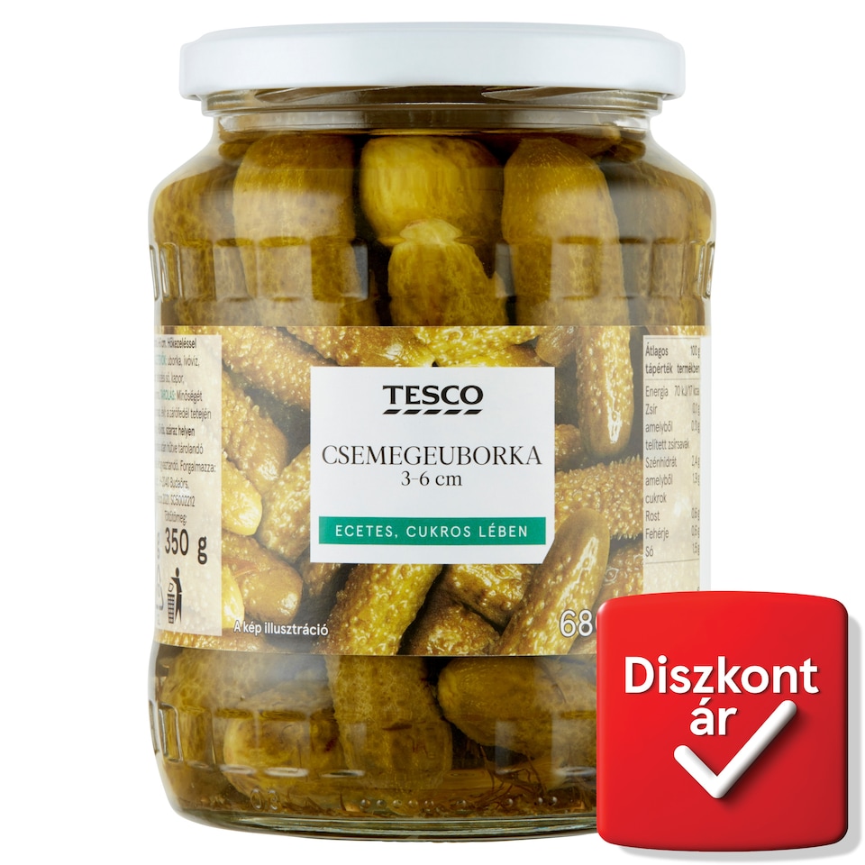 Tesco csemegeuborka ecetes, cukros lében 3-6 cm 680 g