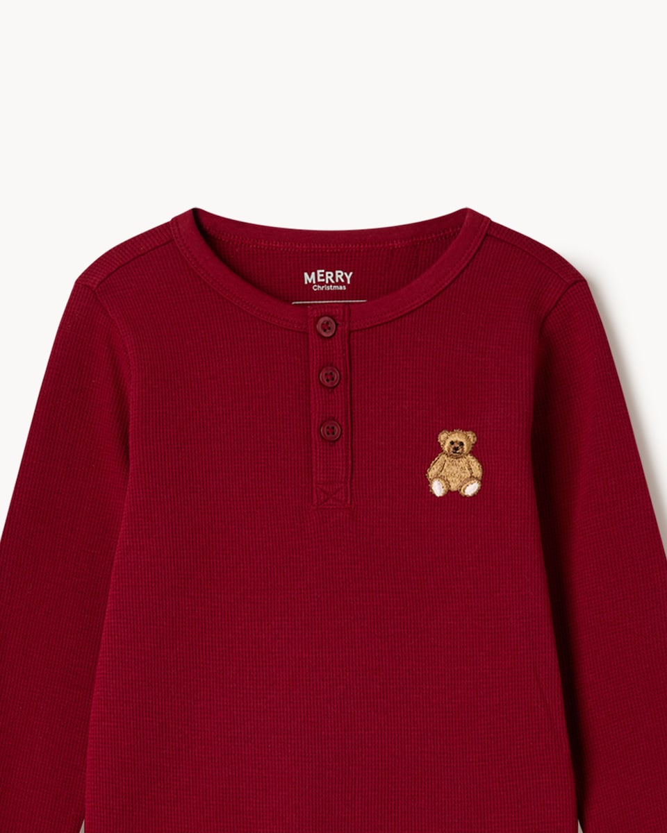 image 1 of Christmas Unisex Pure Cotton Waffle Henley Checked Pyjama Set in Red