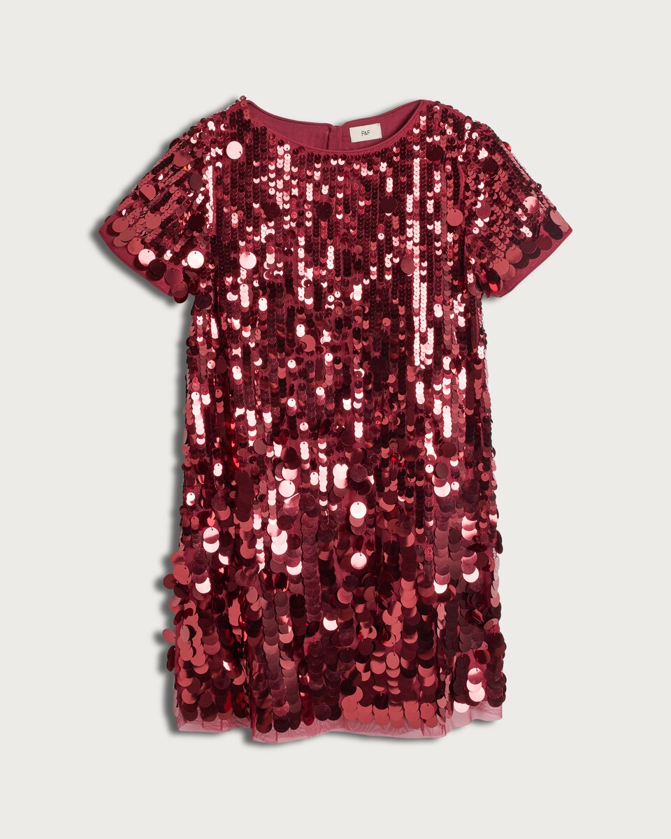 image 1 of F&F Girls Sequin Embellished Short Sleeved Dress in Burgundy