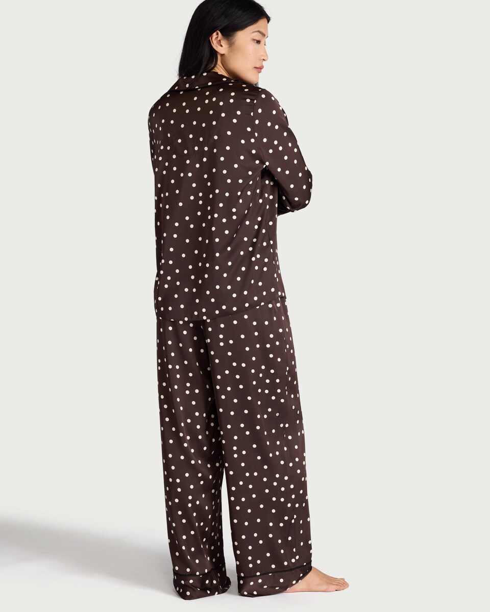 image 1 of F&F 2-Piece CoolEase™ Satin Polka Dot Revere Pyjama Set in Chocolate