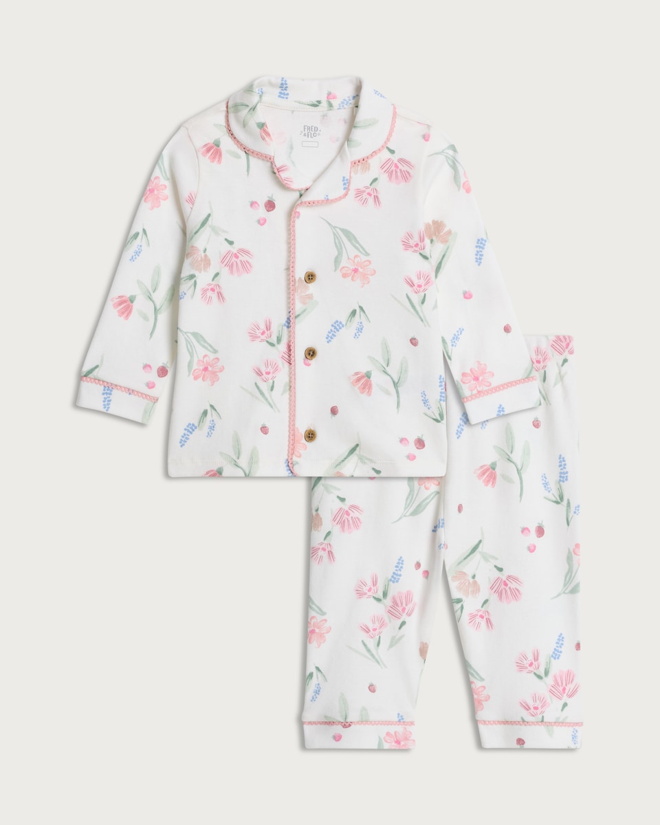 image 1 of F&F Baby Pure Cotton Floral Print Pyjama Set in Pink