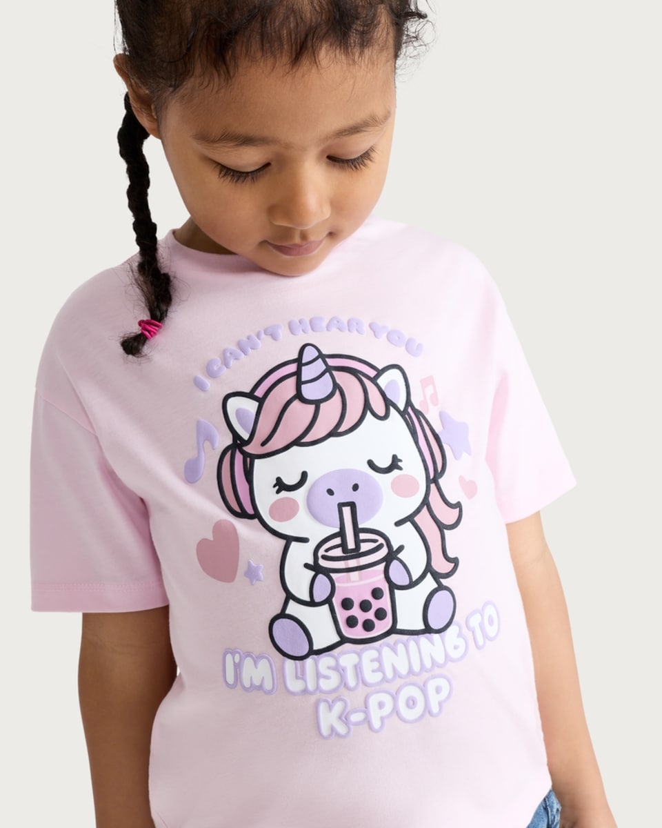 image 1 of F&F Girls Pure Cotton K-Pop Unicorn T-Shirt in Pink