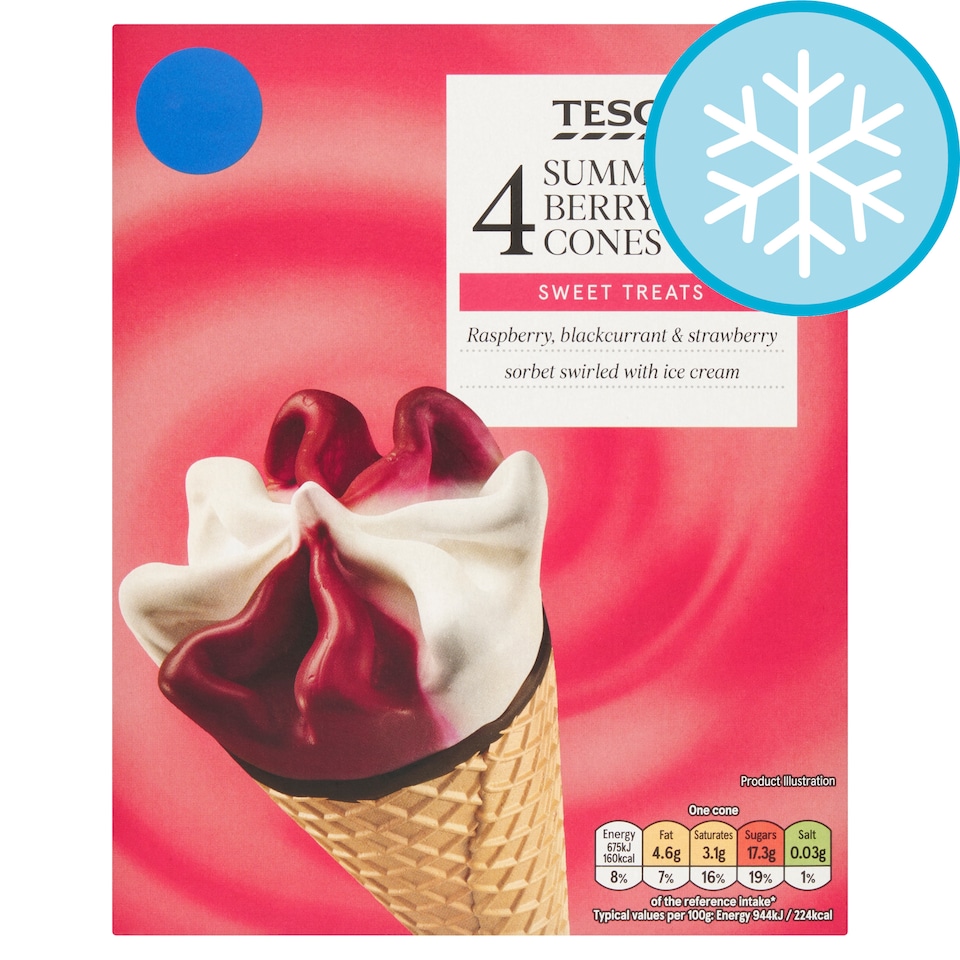 Tesco Summer Berry Sorbet Ice Cream Cones 4x110ml