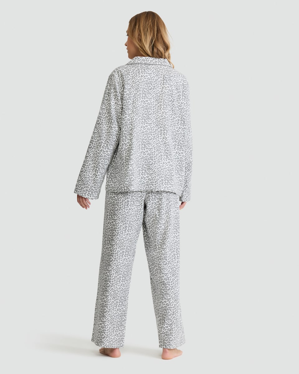 image 1 of F&F Pure Cotton Leopard Print Revere Shirt and Trousers Pyjamas in Grey