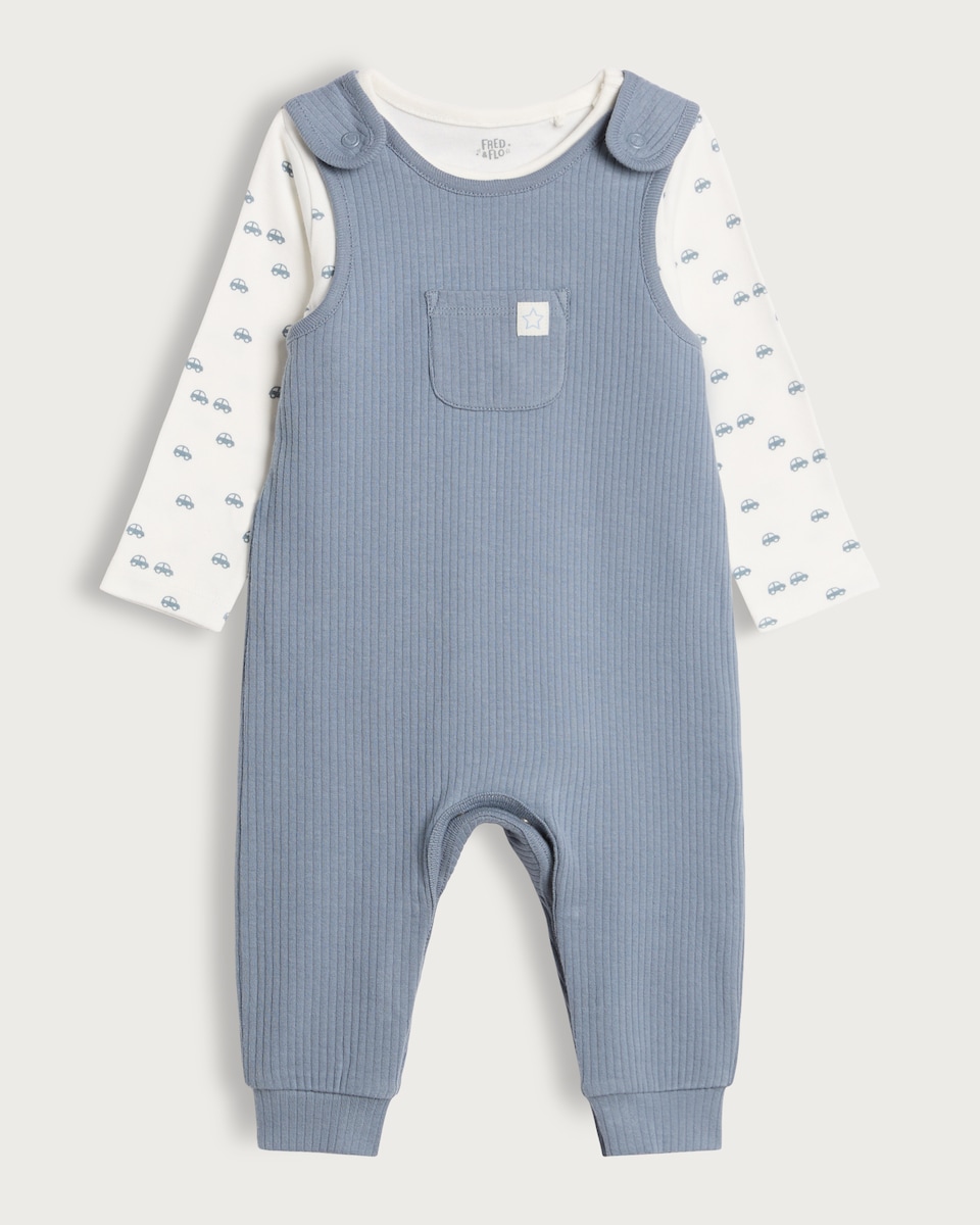 image 1 of F&F Baby Cotton Rich Car Print Bodysuit and Dungarees Set in Blue