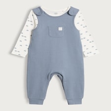 F&F Baby Cotton Rich Car Print Bodysuit and Dungarees Set in Blue