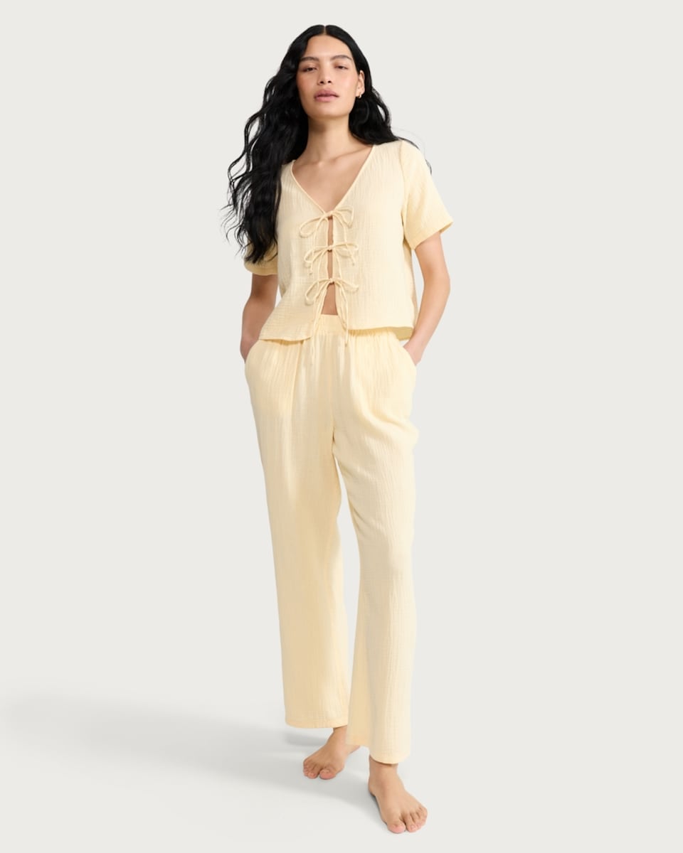 image 1 of F&F Pure Cotton Double Cloth Tie Front Pyjama Set in Yellow