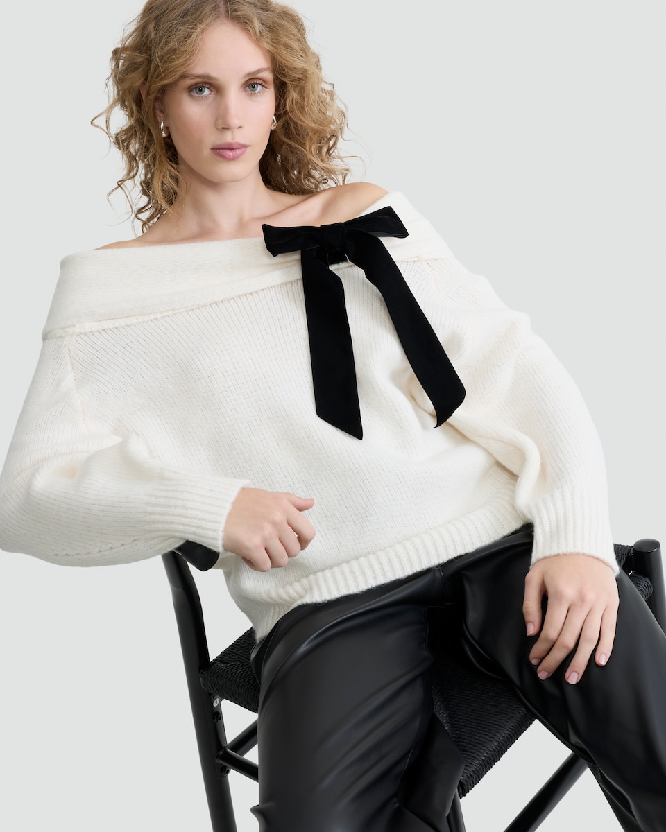 image 1 of F&F Ribbed Velvet Bow Bardot Jumper with Wool in Cream