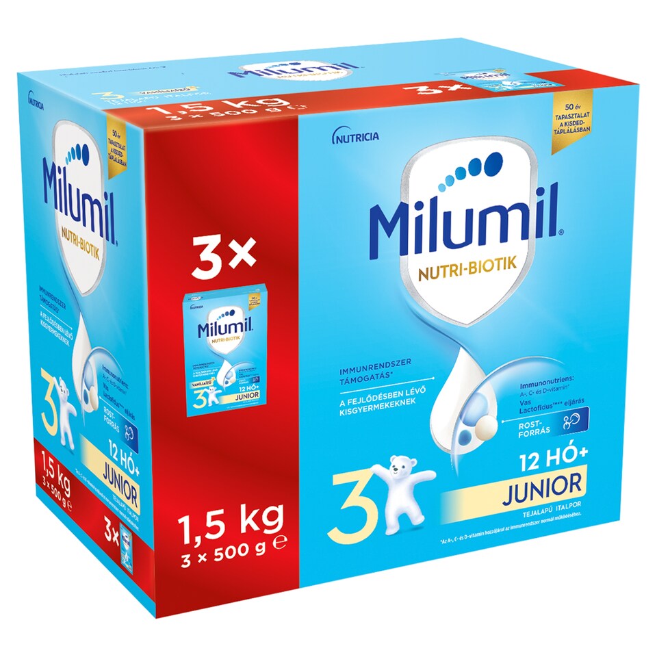 Milumil Nutri-Biotic 3 Junior tejalapú italpor 12 hó+ 3 x 500 g (1,5 kg)  1. kép