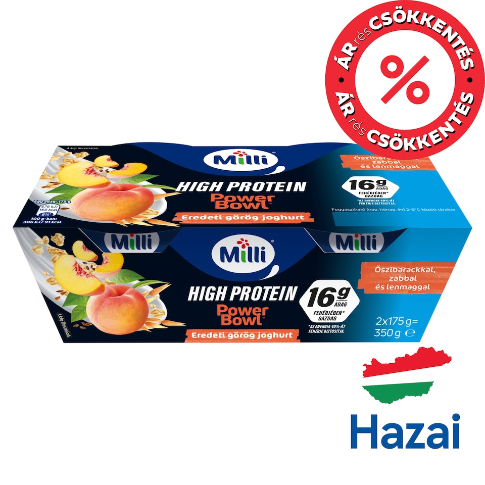Milli Power Bowl Low-Fat Original Greek Cream Yogurt with Peaches 2 x 175 g (350 g)