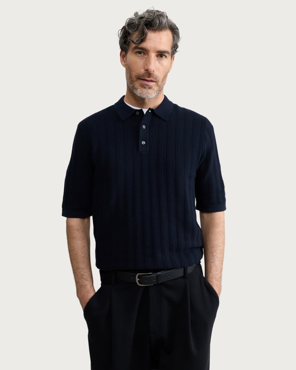 image 1 of F&F Cotton Rich Knitted Short Sleeved Polo Shirt in Navy