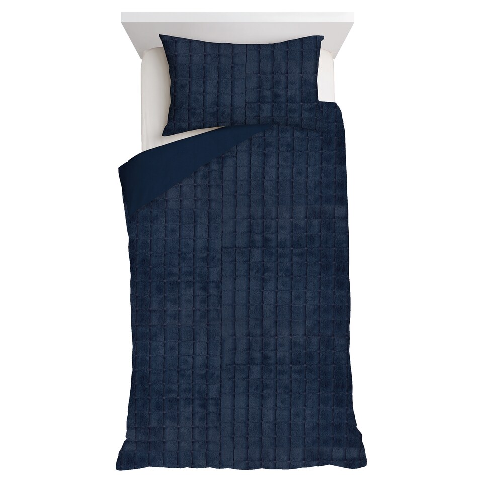F&F Home Bedding Navy Grid Faux Fur Duvet Set Single