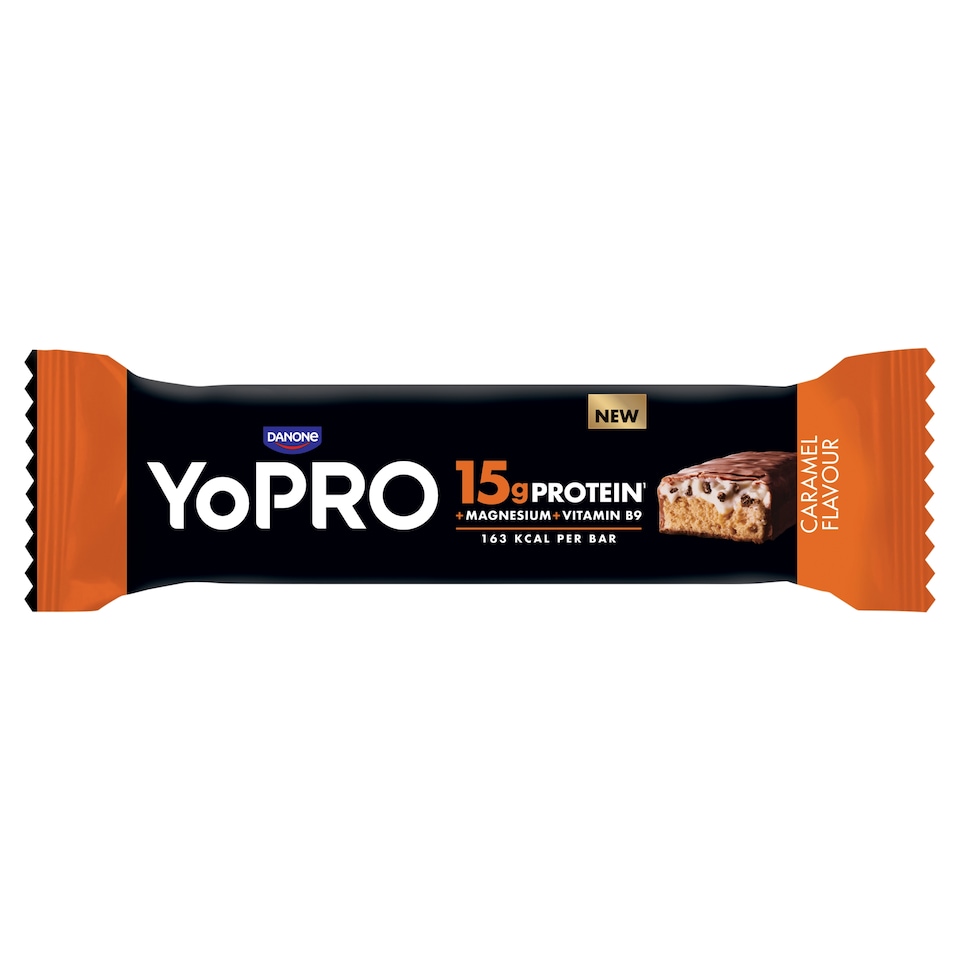 YoPro karamellízű fehérjeszelet, tejcsokoládé bevonattal, ropogós szójakészítménnyel 45 g