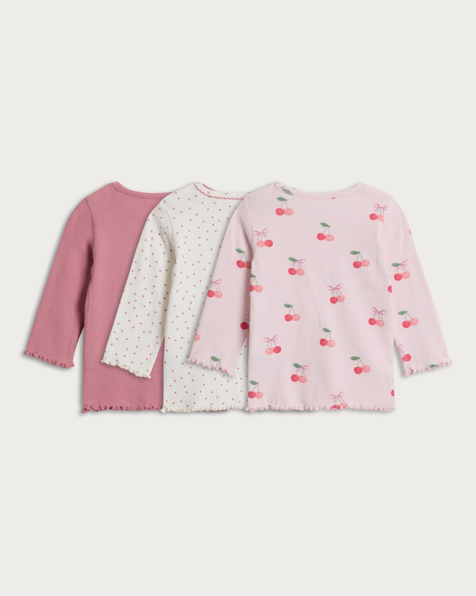 image 1 of F&F Baby 3-Pack Cotton Rich Cherry Print Long Sleeved Tops in Pink