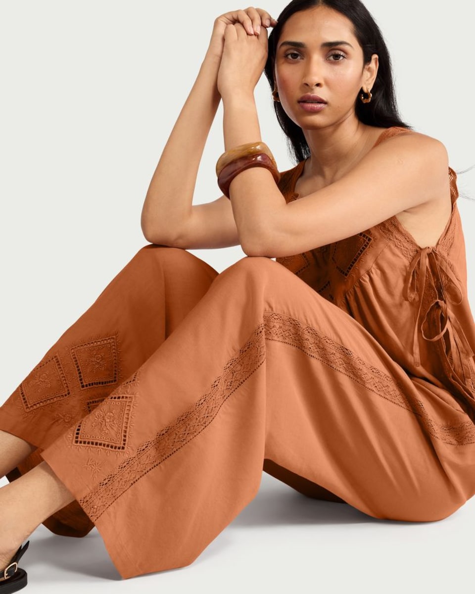 image 1 of F&F Diamond Embroidered Co-ord Trousers in Brick