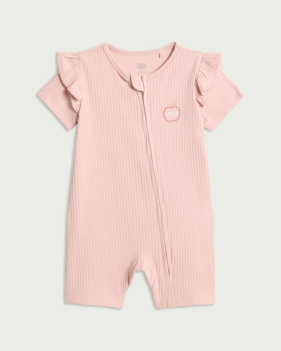 image 1 of F&F Baby Organic Cotton Rich Frill Sleeved Romper in Pink