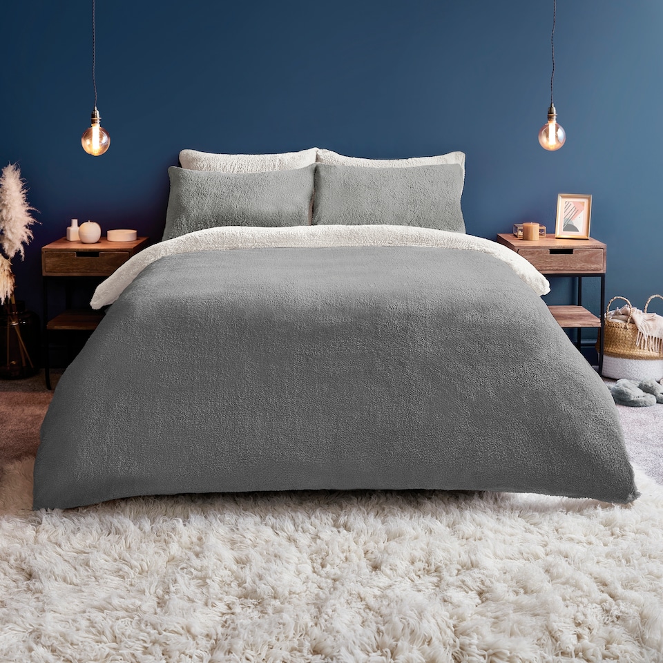 image 1 of Silentnight Grey Reversible Teddy Duvet Set Double