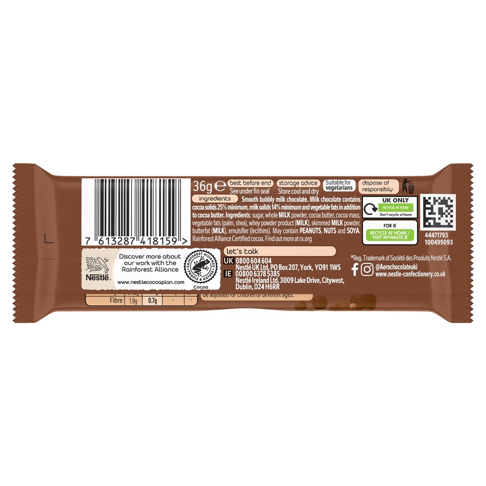 image 1 of Aero Purely Milk Chocolate Bar 36G