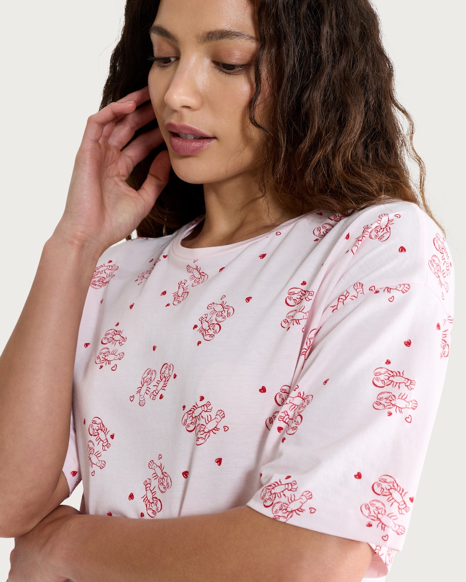 image 1 of F&F Pure Cotton Lobster Love Print Nightdress in Multi Pink