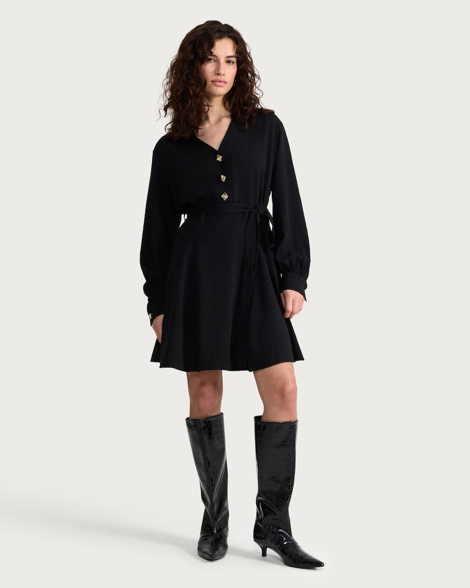 image 1 of F&F Long Sleeved Belted Button Up Dress in Black