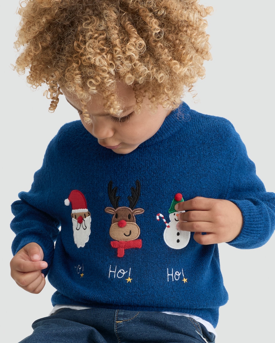 image 1 of F&F Boys Knitted Santa, Reindeer and Snowman Print Jumper in Blue