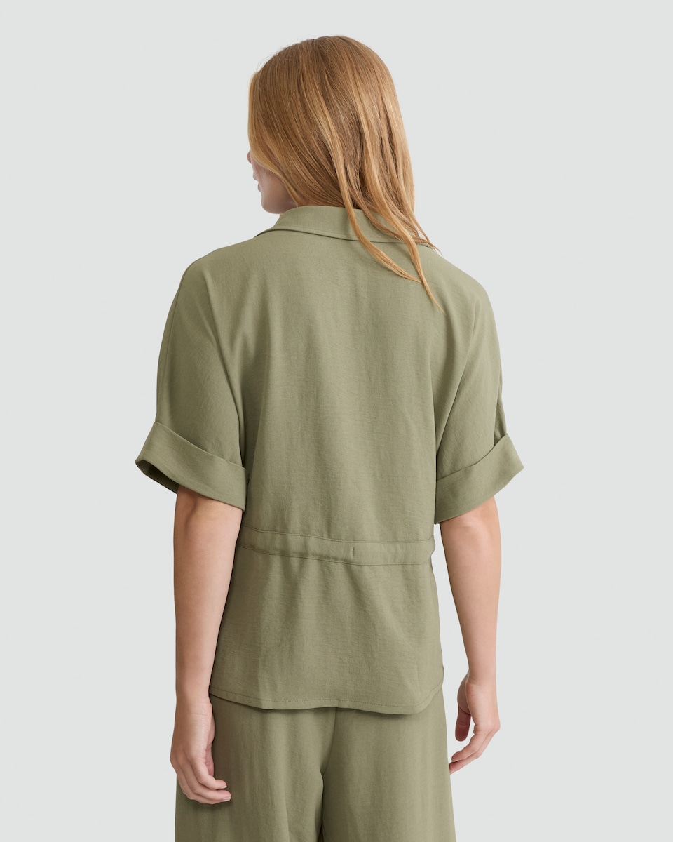 image 1 of F&F Zip Front Tie Waist Shirt in Khaki