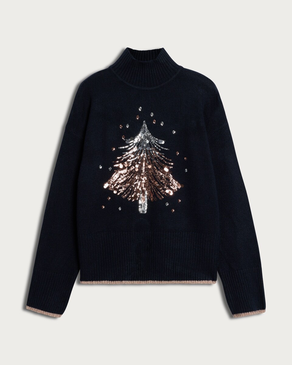 F&F Sequin Christmas Tree Jumper in Navy