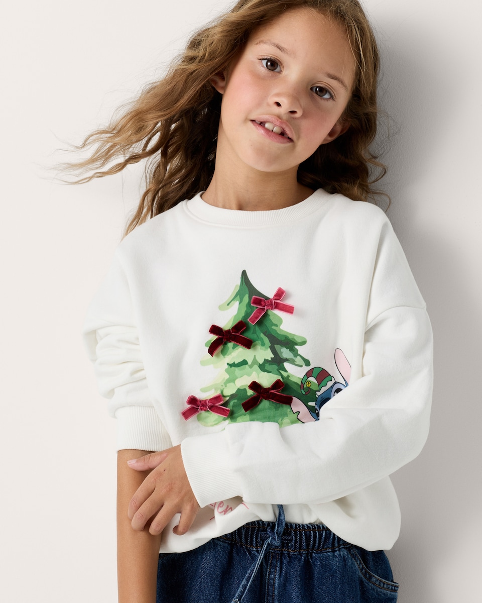image 1 of Disney Stitch Cotton Rich Christmas Print Sweatshirt in Cream