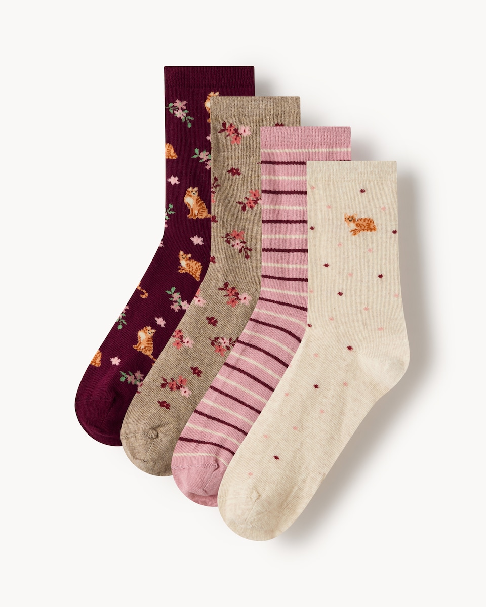 F&F 4-Pack Cotton Rich Cat Ankle Socks in Purple