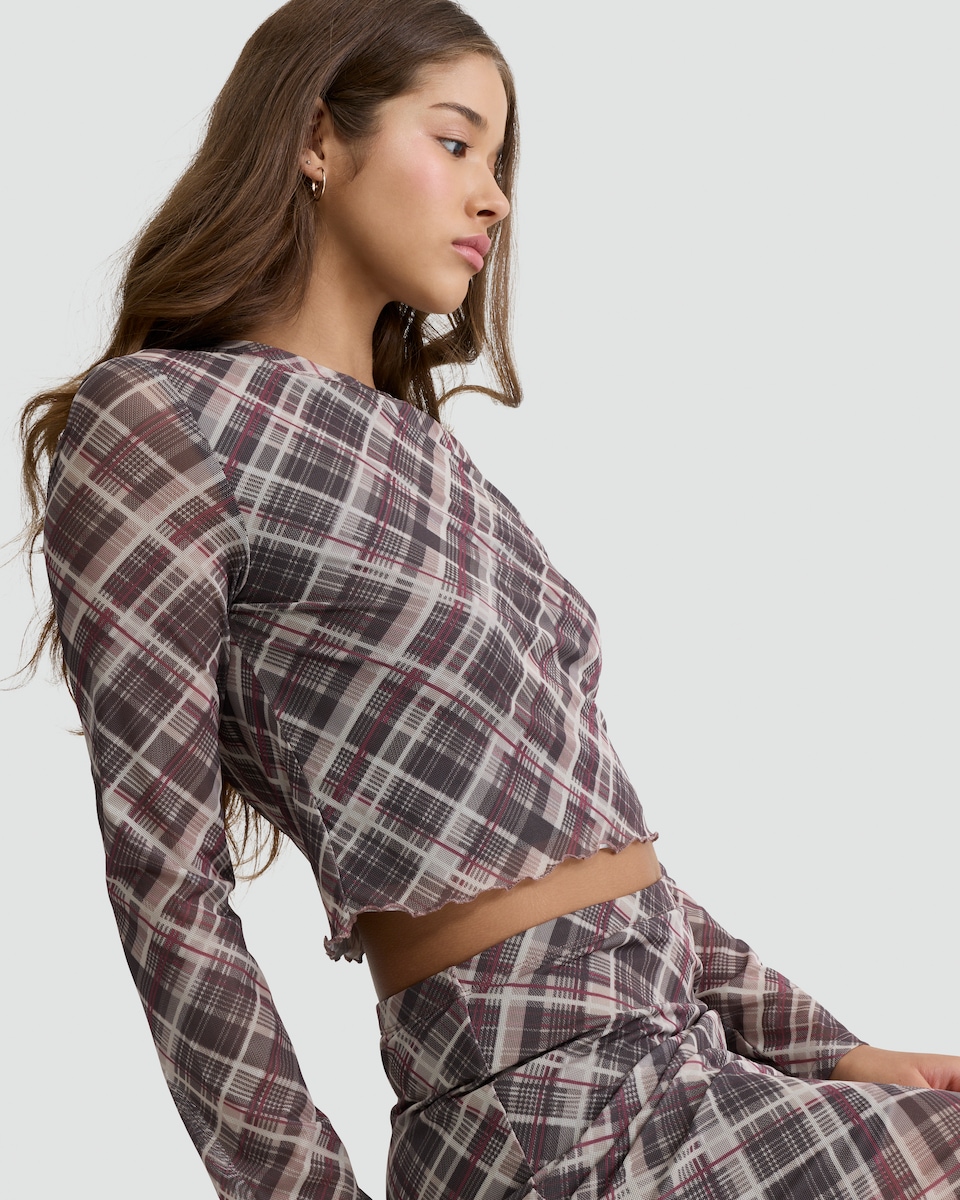image 1 of OH ME OH MY Plaid Print Long Sleeved Co-ord Top in Grey