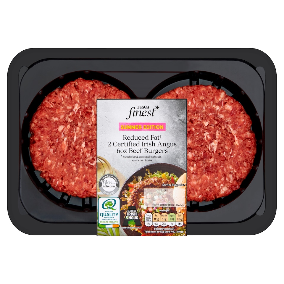 Tesco Finest Reduced Fat Irish Angus 6Oz Beef Burgers 340G