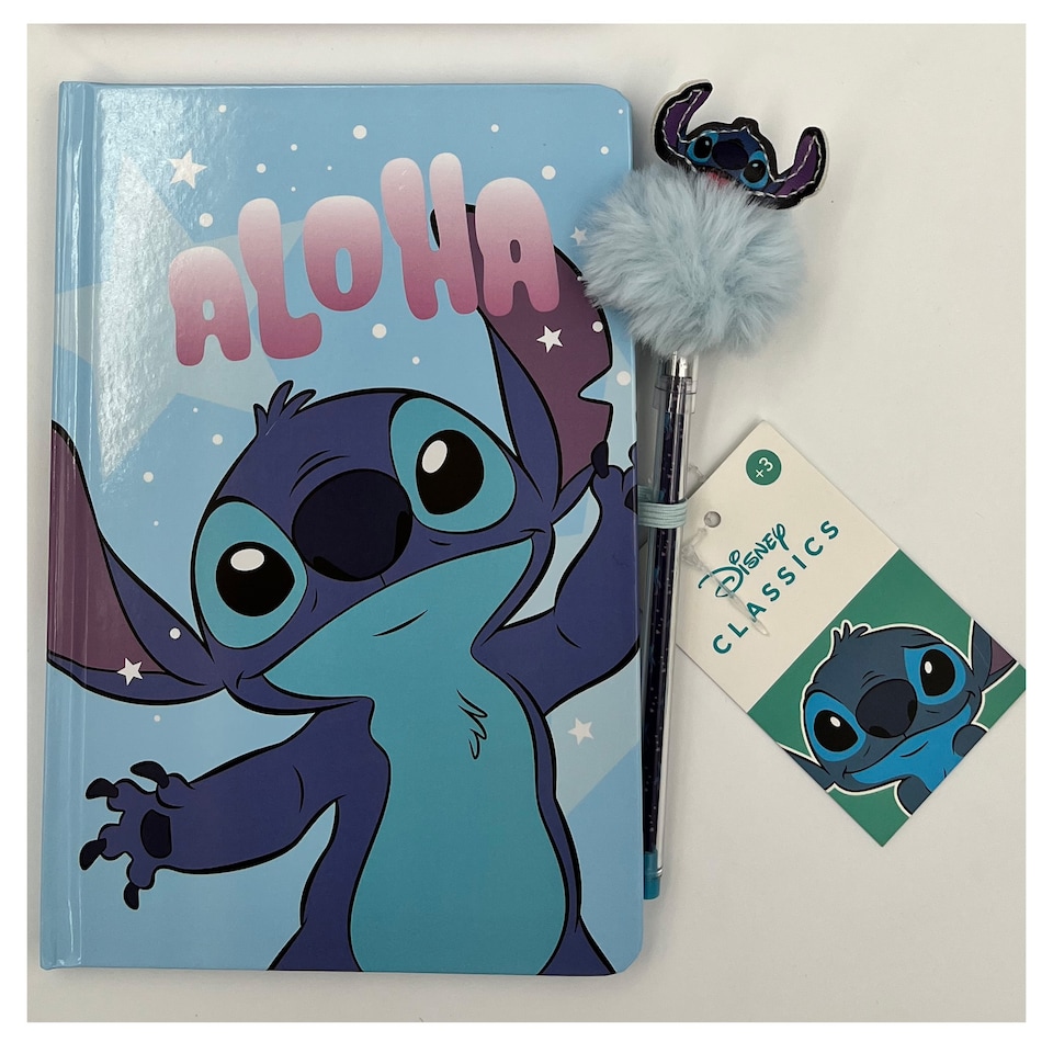 image 1 of Disney Stitch & Angel A5 Notebook and Fluffy Pen Assortment Christmas Gift