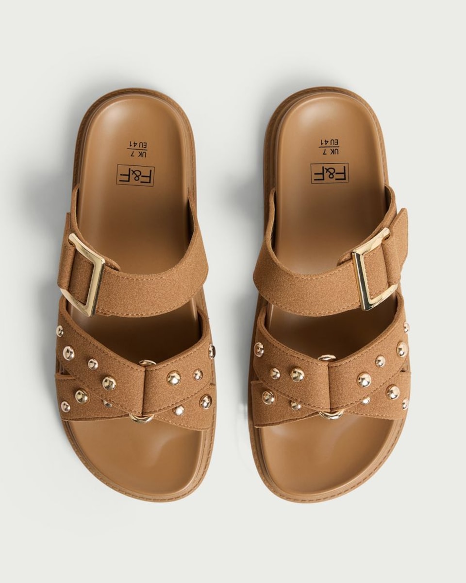 image 1 of F&F Studded Buckle Strap Sandals in Tan