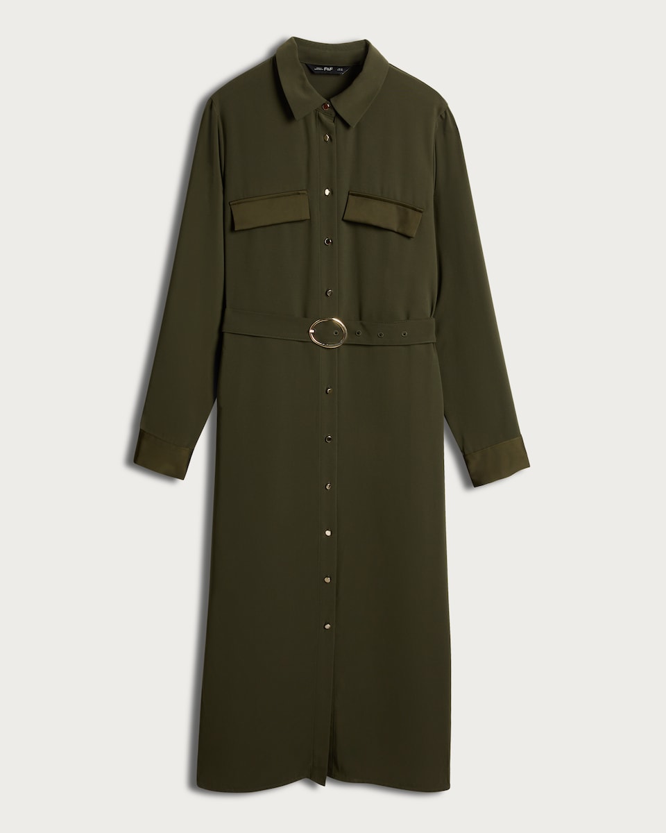 image 1 of F&F Belted Midi Shirt Dress in Khaki
