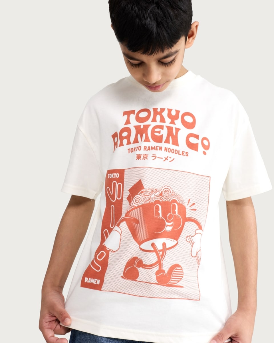 image 1 of F&F Boys Pure Cotton Tokyo Ramen Co. Print Oversized Fit T-Shirt in Cream