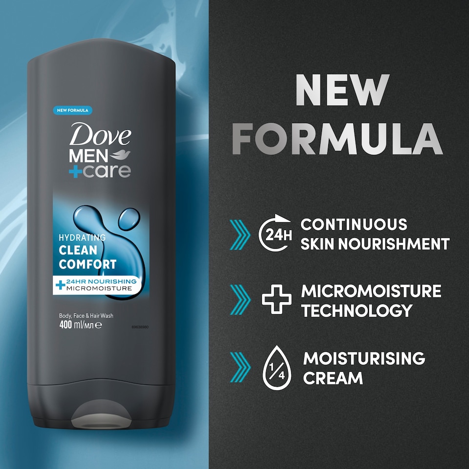 image 1 of Dove Men+Care Clean Comfort 3-in-1 Body Face Hair Wash Shower Gel 400ml