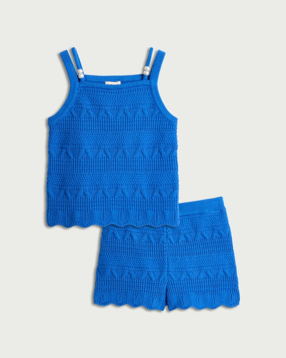 image 1 of F&F Girls 2-Piece Pure Cotton Knitted Top and Shorts Set in Blue