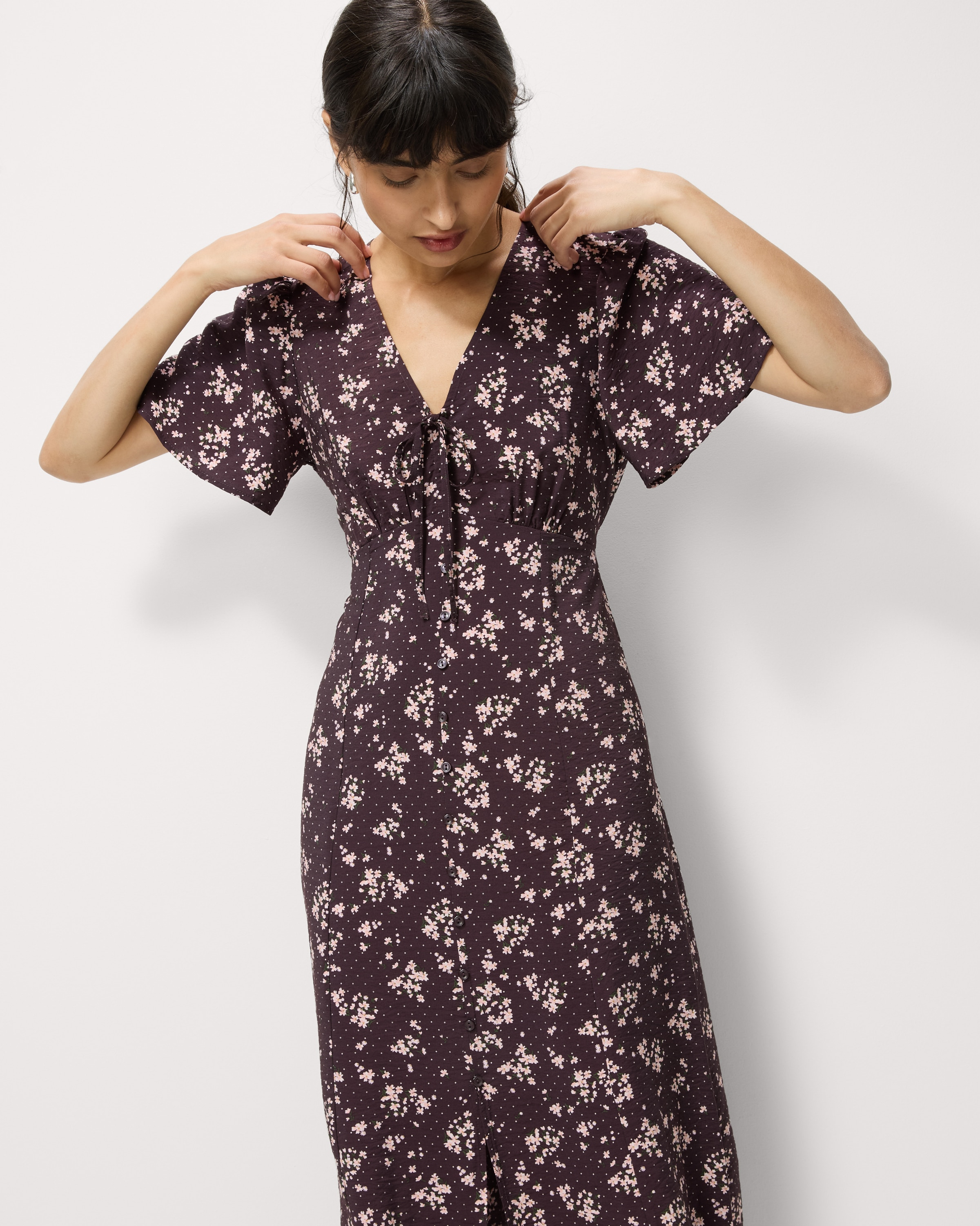 F&F Printed V Neck Midi Dress in Multi Brown