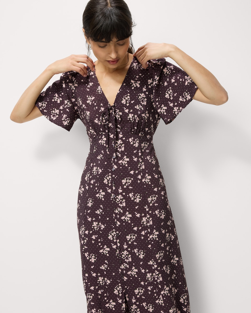 image 1 of F&F Printed V Neck Midi Dress in Multi Brown