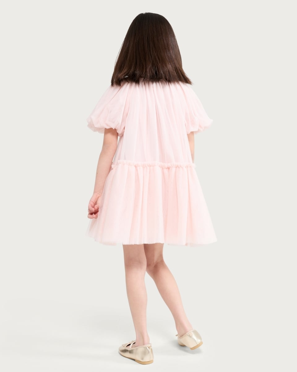 image 1 of F&F Girls Tiered Puff Sleeved Dress in Pink