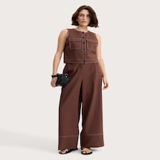 F&F Contrast Stitching Super Wide Leg Co-ord Trousers in Chocolate