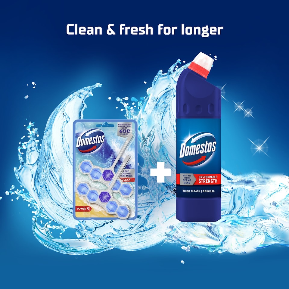 image 1 of Domestos Power 5 Toilet Rim Block Freshener Ocean 2x 50g