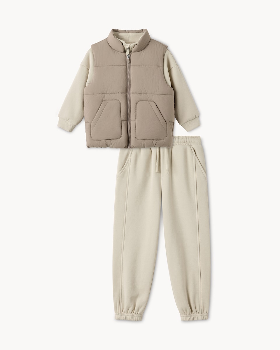 image 1 of F&F Boys Puffer Gilet, Sweatshirt and Joggers Set in Stone