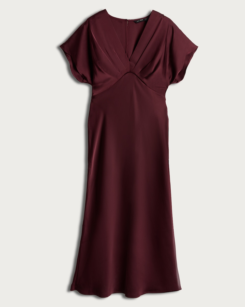 image 1 of F&F Satin V Neck Midi Dress in Burgundy