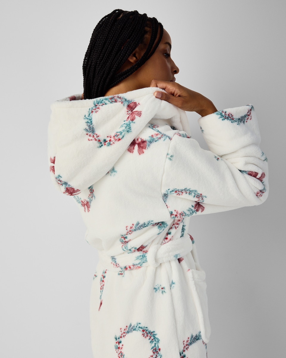 image 1 of Christmas Fleece Wreath Hooded Dressing Gown in Cream